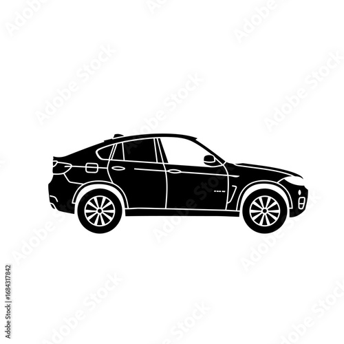 Black silhouette of a modern SUV coupe car with a sleek design on a white background, viewed from the side profile.