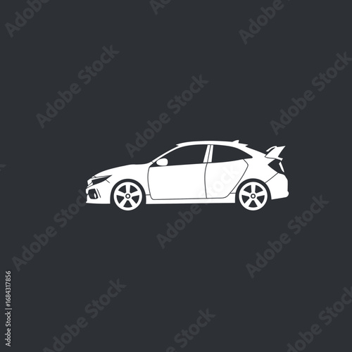 Side view of a white car silhouette, showcasing its design and features against a dark background.