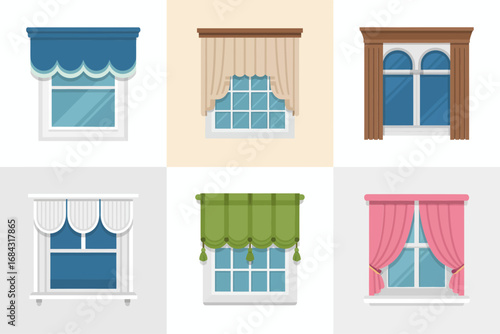 Window curtain and blind vector illustrations, home interior decor, drapery designs, decorative valances, stylish coverings, modern furnishing elements, domestic design graphics