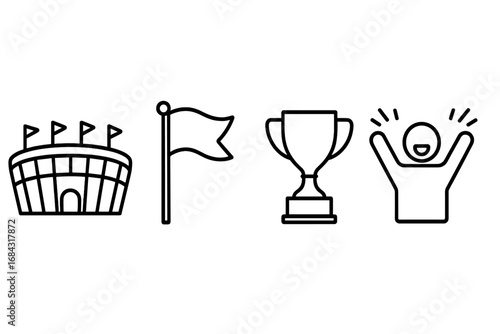 Sports icons collection, outline vector set featuring stadium silhouette with flags, victory team flag hoist, trophy cup, and cheering fan celebration illustration for sports design