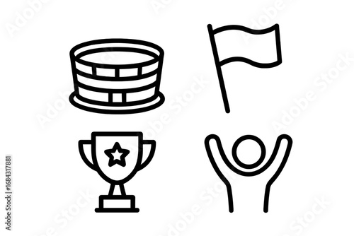 Sports Icons Collection Outline - Vector Set of Stadium, Victory Flag, Team Flag, Trophy, and Cheering Silhouette - Cartoon Style Sports Symbols, Fan Celebration, Competition Graphic
