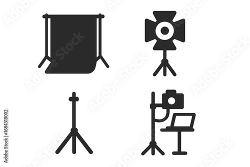Studio Photography Icons Set, Solid Filled Vector Illustrations of Professional Photography Backdrop Frame, Spotlight, Tripod, C-Stand, Tethered Camera Setup, Cartoon Style
