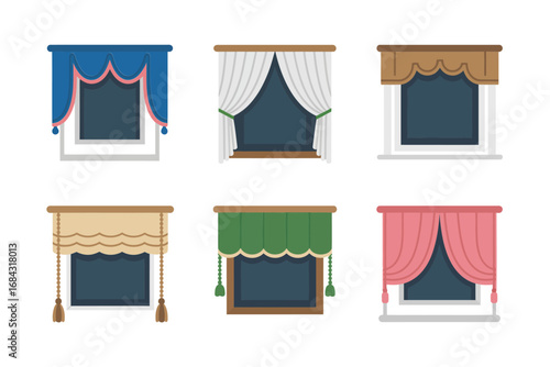 Window curtain collection, ornate valance designs, Roman blinds, roller shades, decorative drapes, flowing panels, elegant home interior window treatment graphics