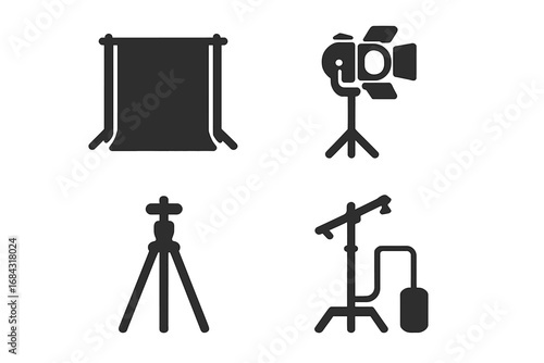 Solid Studio Photography Icons Vector Set, Filled Design of Professional Backdrop Frame, Spotlight, Tripod, C-Stand, and Tethered Equipment for Photo Shoot Setup