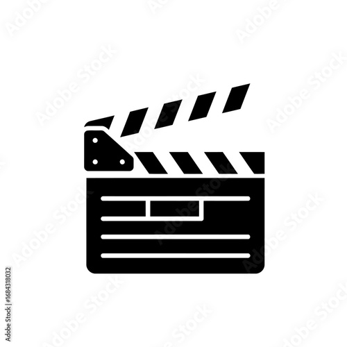 Black silhouette of an open film clapperboard, a classic symbol of cinema and movie production.