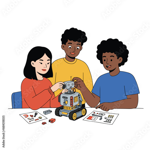 Three children assembling a robot with building instructions and parts