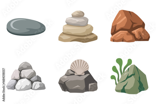 Stone and rock vector illustrations, balanced pebble stacks, natural boulders, coastal shells, decorative landscaping elements, spa relaxation concept, geology formations