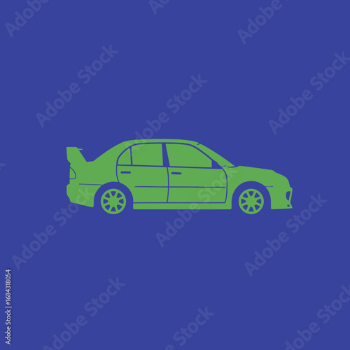 A minimalist graphic illustration of a green sports sedan with a large spoiler against a solid blue background.