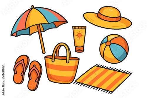 Stylish beach essentials for a perfect summer day by the ocean with colorful umbrella, flip flops, sun hat, sunscreen, beach ball, tote bag, and striped towel in bright vector cartoon illustration