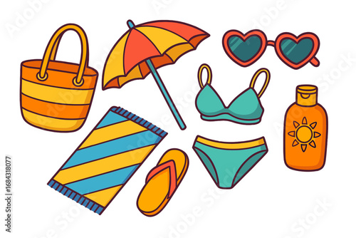 Stylish Beach Essentials for a Perfect Summer Day by the Ocean in Vibrant Colors, Vector Cartoon Illustration, Colorful Beach Bag, Umbrella, Towel, Bikini, Sunglasses, Sunscreen, Flip Flops