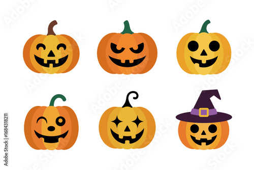 Cartoon jack o lanterns, smiling carved pumpkins, quirky facial expressions, witch hat accessory, spooky eyes, festive autumn table decoration icons