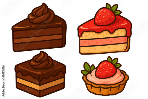 Set of cartoon cakes and pastries. Chocolate cake slice, strawberry tartlet, and sponge cake piece. Vector illustration for bakery, cafe menu, dessert, or sweet food icon.