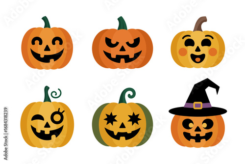 Halloween pumpkin faces vector illustrations, carved jack o lantern expressions, spooky smiling and scary mouths, witch hat accessories, festive decorations