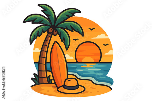 Tropical beach sunset with surfboard, palm tree, and summer hat, vibrant vector cartoon illustration evoking vacation, surfing, and relaxation vibes on the coast