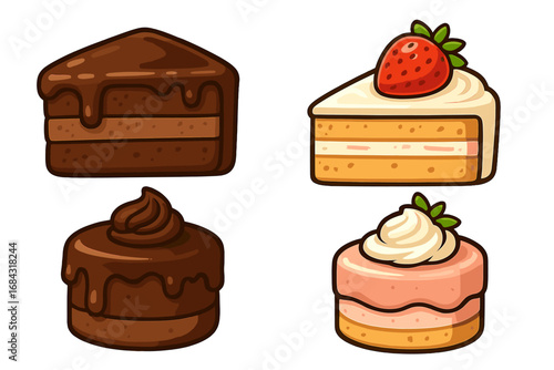 Cake set vector illustration. Cartoon dessert icon collection. Chocolate cake slice, strawberry shortcake, sweet pastry food. Bakery, confectionery, patisserie graphic design elements.