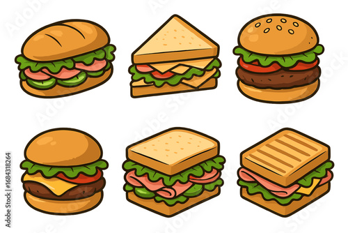 Set of fast food icons. Vector cartoon illustration of sandwiches and burgers. Hamburger, cheeseburger, club sandwich, panini for menu design, takeout, or snack concepts.