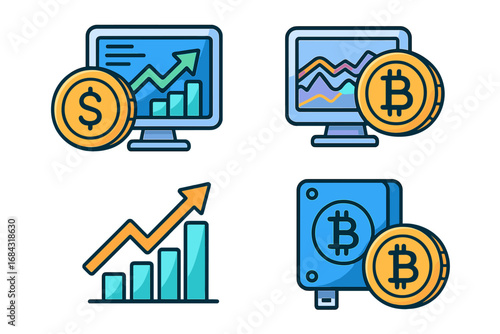 Finance and cryptocurrency vector icon set. Concepts of stock market trading, bitcoin investment, profit growth chart, digital currency analysis, and crypto hardware wallet.
