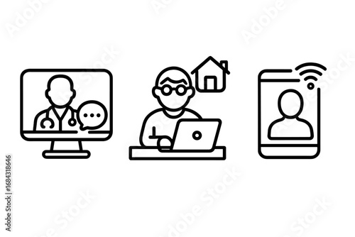 Telemedicine icon set, outline vector illustrations of remote healthcare, video consultation with doctor on screen, patient working from home, smartphone telehealth communication