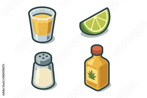 Isometric Tequila Celebration Icons Set with Shot Glass, Lime Wedge, Salt Shaker, and Tequila Bottle - Flat Vector Cartoon Illustration for Party and Drink Concepts
