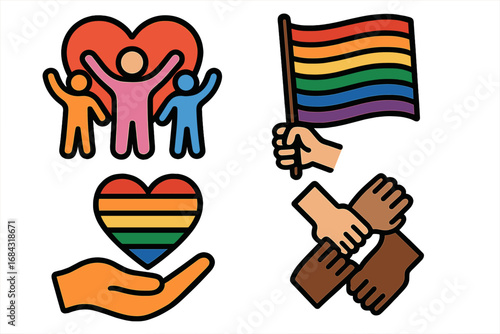 Pride month vector icon set. LGBTQ community symbols with rainbow flag and heart. Concept for love, support, diversity, inclusion. Multiracial hands for unity and equality.