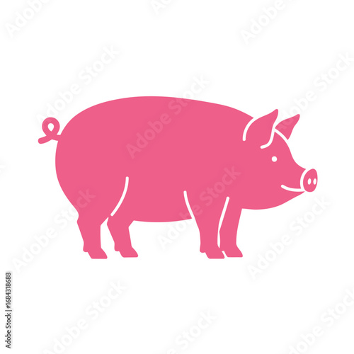 Pink pig illustration with curly tail and snout.
