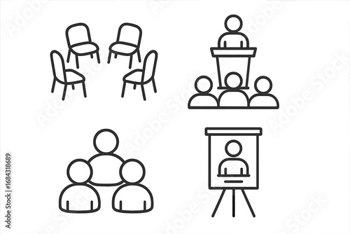Therapy icons grid. Outline icon set of group therapy settings including circle of chairs, facilitator podium, group icon, flipchart easel, vector cartoon illustration.