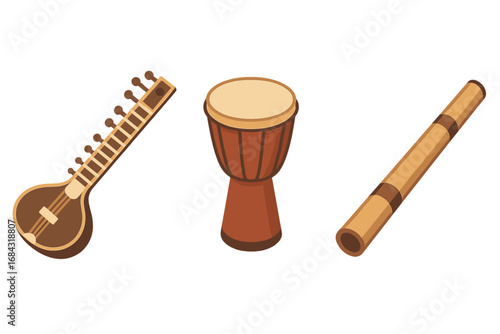Traditional musical instruments icons set, isometric flat design of sitar, African djembe drum, and didgeridoo, vector cartoon illustration, cultural music symbols