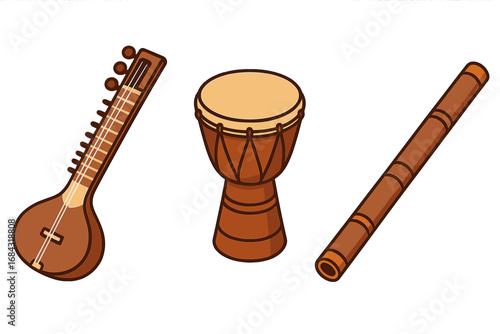 Isometric Flat Icon Set of Traditional Musical Instruments Sitar, African Djembe Drum, Didgeridoo Vector Cartoon Illustration for Cultural Music and Ethnic Sound Design