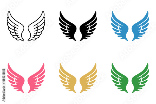 Colorful wing symbols pack, pink gold blue green feather icons, angelic emblem designs, spiritual and decorative motifs for creative projects