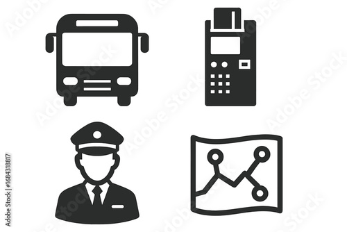 Transport icons set with solid filled designs including city bus, ticket machine, bus driver, route map, public transportation symbols, vector cartoon illustration
