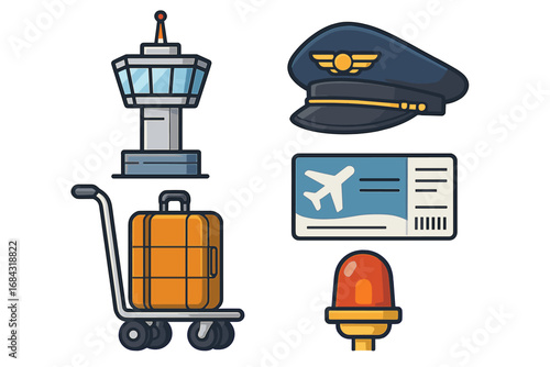 Air travel icon set with airport control tower, pilot hat, luggage cart, and boarding pass. Vector cartoon illustration for aviation, flight, vacation, and tourism concepts.