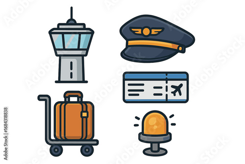 Air travel icon set with airport control tower, pilot hat, and luggage cart. Vector illustration of aviation elements like a boarding pass for a flight, vacation, or journey.