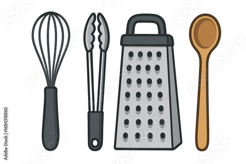 Essential kitchen utensils vector icon set including whisk, tongs, grater, and spoon. Flat cartoon illustration of cooking tools for food preparation and culinary design.