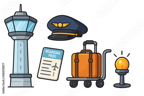 Vector set of air travel cartoon icons. Airport collection with control tower, pilot cap, boarding pass, luggage on a trolley cart. Aviation concept illustration isolated.