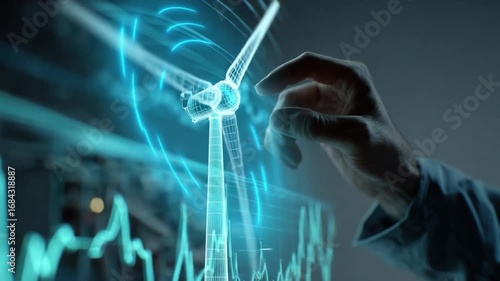 Hand of a person interacting with digital interface showing wind turbine and data analytics in renewable energy