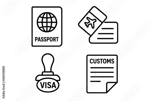Travel document icons set with passport, boarding pass, visa stamp, customs form, and travel paperwork in outline style, vector cartoon illustration for travel and tourism concepts