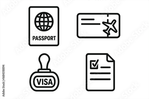 Travel icons grid outline set with passport, boarding pass, visa stamp, customs form, and travel documentation symbols, vector cartoon illustration for travel and transportation design