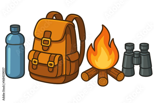 Camping and hiking equipment vector set. Outdoor adventure essentials with backpack, water bottle, campfire, binoculars. Cartoon icons for travel, tourism, and survival concepts.