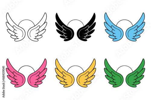 Bright angel wing set, colorful feather motifs in multiple styles, spiritual emblem icons, golden pink blue green variations