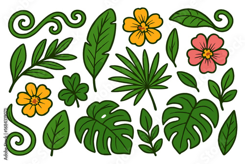 Tropical plant elements including vines, lush green leaves, and vibrant flowers in a lively nature-inspired vector cartoon illustration perfect for eco and botanical design projects