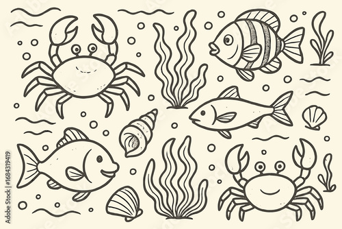 Artistic underwater sketch featuring diverse sea creatures such as playful crabs, tropical fish, shellfish, and ocean plants in a detailed vector cartoon style with transparent background