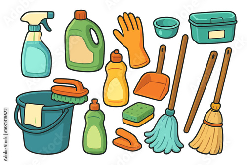 Various Cleaning Supplies and Tools for Household Hygiene and Maintenance Purposes, Vector Cartoon Illustration with Transparent Background, Organized Cleaning Equipment Set