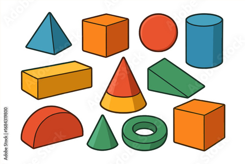 Set of basic 3D geometric shapes. Colorful isometric vector illustration of solid forms like cube, pyramid, sphere, and cone. Math education and graphic design elements concept.