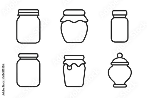Vector line icon set of various glass jars for food preservation. Includes mason, jam, honey, spice, and candy jar silhouettes. Outline kitchen container illustration.