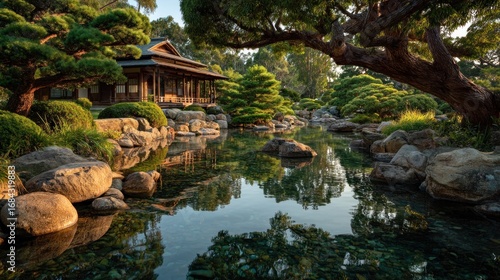 Serene reflections: a picturesque Japanese garden with tranquil water pond