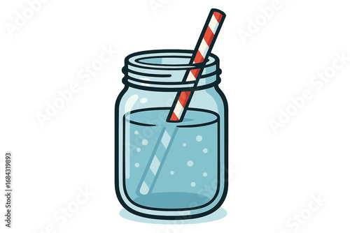Glass mason jar with a striped straw, a refreshing summer drink vector icon. Lemonade, juice, or water for a picnic or party. Cartoon clipart illustration isolated on white.