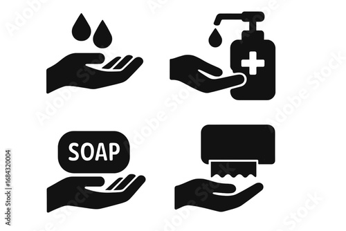 Hand hygiene solid icon set. Hand washing, sanitizer dispenser, soap bar, and paper towel vector icons. Cleanliness, disinfection, and health safety concept illustration.