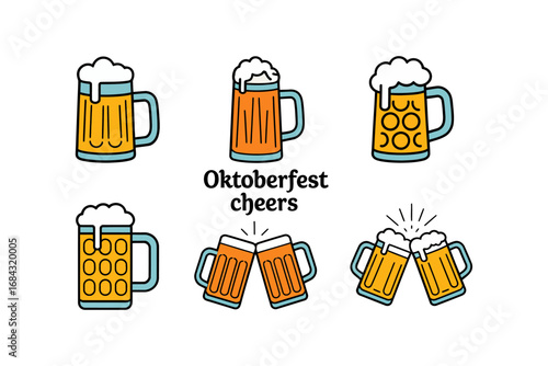 Festival beer toast vector pack, clinking frothy mugs, celebration badges, Oktoberfest party icons, bar pub ale glass illustrations