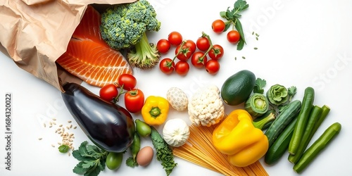 Fresh grocery haul featuring salmon broccoli tomatoes peppers avocado and eggplant