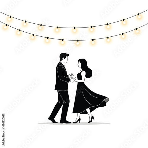 An elegant couple in formal attire dancing romantically under glowing string lights. A vector illustration of a man and woman celebrating a special occasion